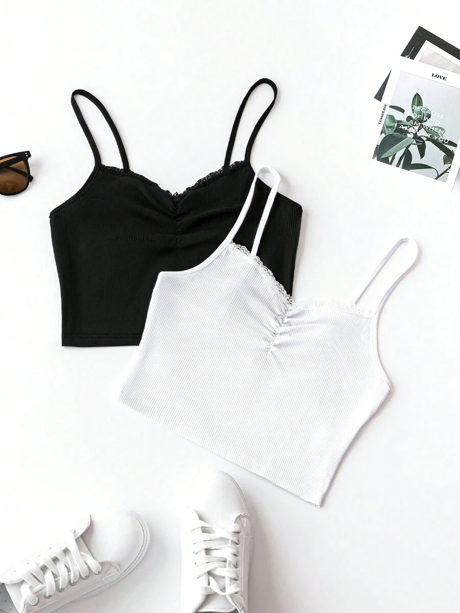 SHEIN Frenchy 女用褶襉拼布蕾絲吊帶背心 - 彩色 - 查看 1