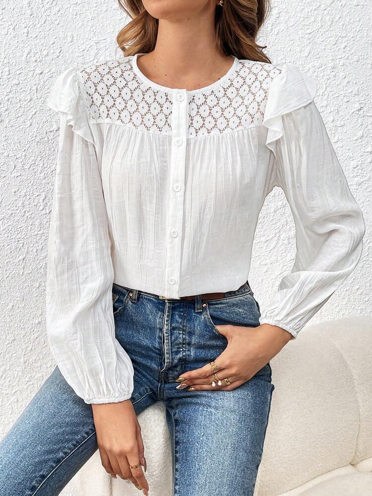 Ladies' Lace Patchwork Ruffle Hem Blouse