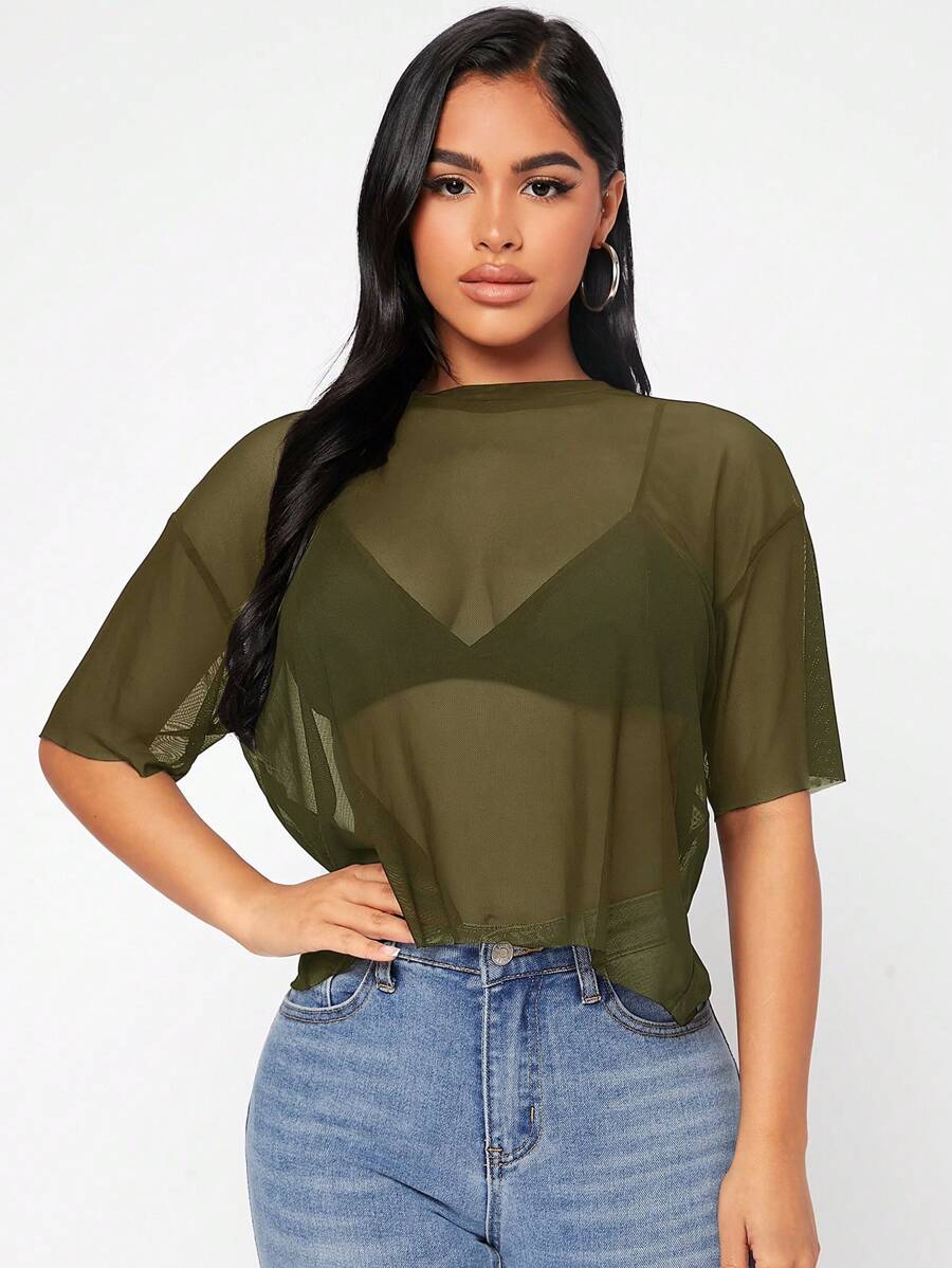 SHEIN PETITE Của phụ nữ Màu thuần Lưới Thả vai Áo - Màu xanh Ô liu - Xem 1