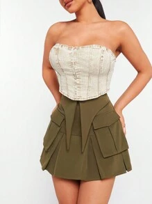 Hauture Flap Pocket Pleated Hem Skirt - Army Green - View 6