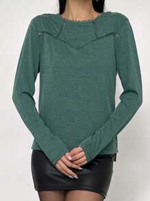 SHEIN Frenchy Ladies' Lace Patchwork Long Sleeve T-Shirt - Green - View 6