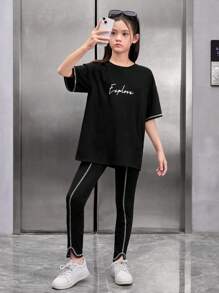 SHEIN Tween Girls' Loose Fit Vintage Letter Print Contrast Stitching Drop Shoulder Sleeve T-Shirt And Split Hem Pants - Black - View 1