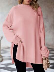 SHEIN Cottnline Suéter De Talla Grande Con Detalle De Botón Y Aberturas Laterales - Rosa Pálido - Ver 4
