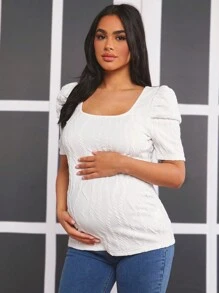 SHEIN Maternity Textured Puff Sleeve T-Shirt - White - View 1