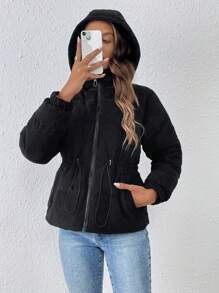 SHEIN Frenchy Drawstring Waist Zipper Front Padded Coat - Black - View 5