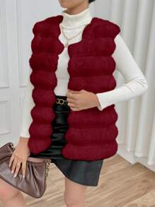 SHEIN Privé Women  Fuzzy Vest Coat For Valentine's Day, Dating And Parties - Red - View 4