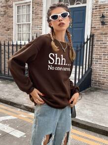 SHEIN EZwear 女款標語印花圓領運動衫 - 巧克力棕 - 查看 7