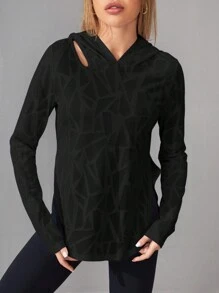 Easithlete Women's Hooded Geometric Texture Sports Sweatshirt Black Zip Up Fall Sweatshirts - Black - View 4