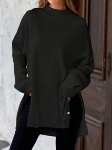 EURMUSE 大码女式立领落肩长袖毛衣套头衫，适合冬季 - 黑色 - 查看 3