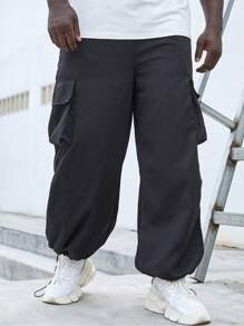 Manfinity Homme Men's Plus Size Loose Pants With Drawstring Waist And Flap Pocket - Dark Grey - View 3