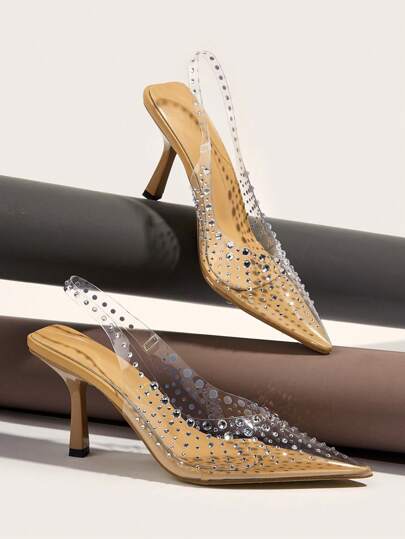 Women Rhinestone Decor Point Toe Stiletto Heeled Pumps, Glamorous PVC Slingback Pumps For Party