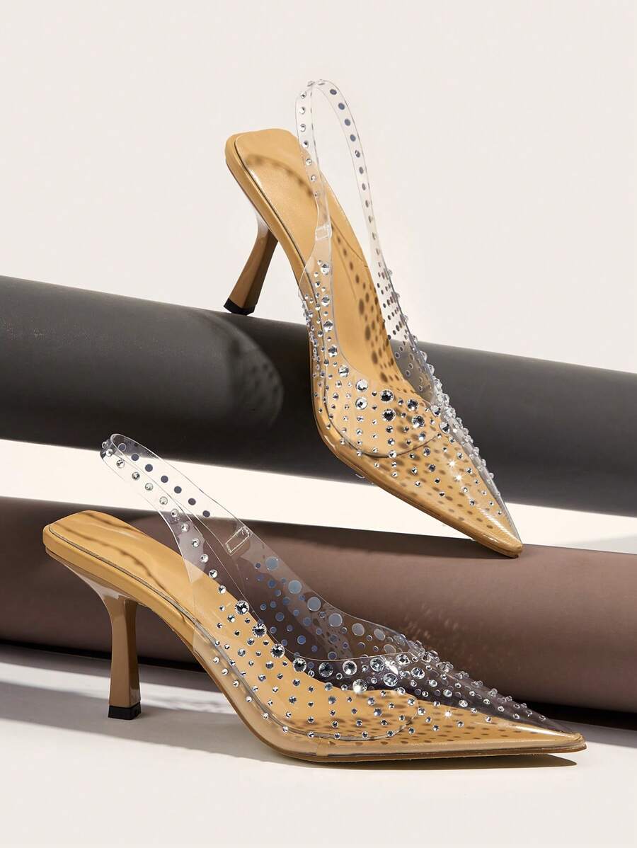 Women Rhinestone Decor Point Toe Stiletto Heeled Pumps, Glamorous PVC Slingback Pumps For Party - Apricot - View 1