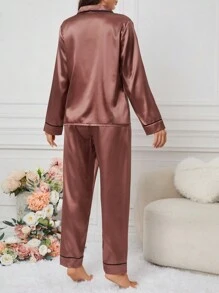 SHEIN Conjunto De Pijama Con Bloqueo De Color Y Detalles Contrastantes - Óxido marrón - Ver 2