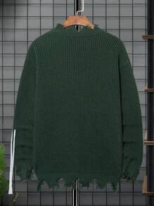 Manfinity Roughcore Men's Distressed Sweater With Letter Embroidery - Dark Green - View 2