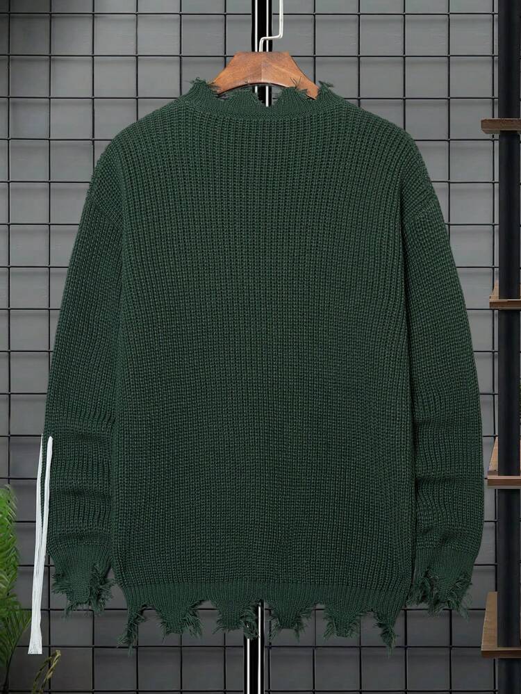 Men's Distressed Sweater With Letter Embroidery