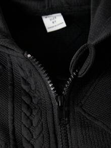 SHEIN Tween Girls' Knitted Jacquard Fabric Zipper Hooded Sweater And Pants Set - Black - View 5