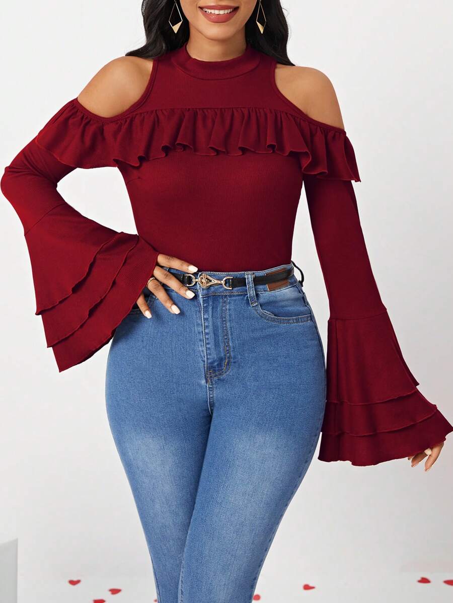 SHEIN Lady 情人節中空肩膀鈴鐺袖t卹 - 酒紅色 - 查看 1