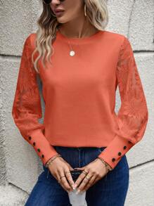SHEIN LUNE Orange Lace Sleeve Patchwork Waffle Floral Pattern Women Top - Maroon - View 5