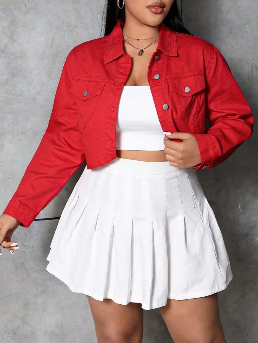 SHEIN EZwear Của phụ nữ Kích thước lớn Cổ bẻ Tay áo dài Áo khoác denim - Đỏ - Xem 1