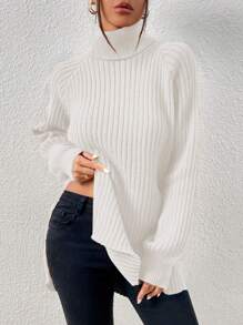 EURMUSE Turtleneck Raglan Sleeve Split Hem Sweater - White - View 4