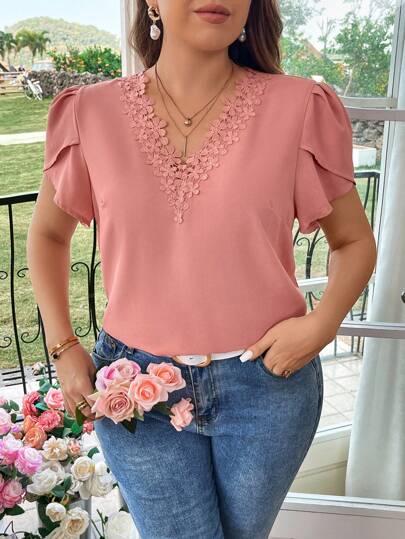 Reflora 蕾絲拼接大尺寸泡泡袖襯衫