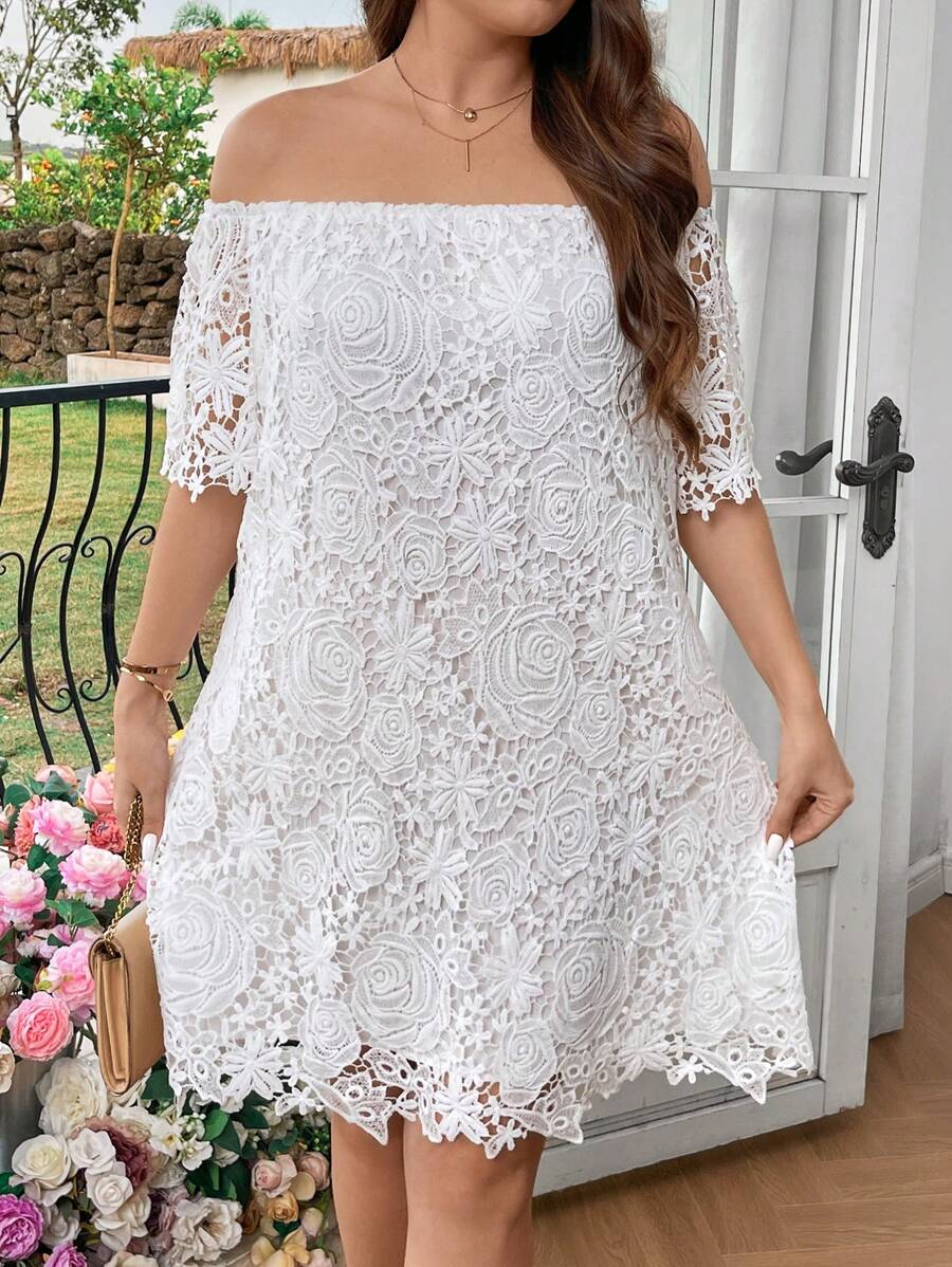 SHEIN Clasi Plus Size Elegant Lace Off Shoulder Wedding Dress Guest Dress - White - View 1