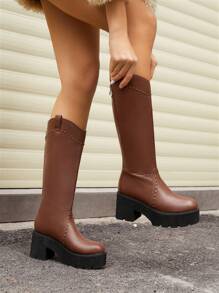 SheIn ICON Casual Women'S Reddish Brown High Heel Knee-High Boots With Back Zipper And Stud Decor