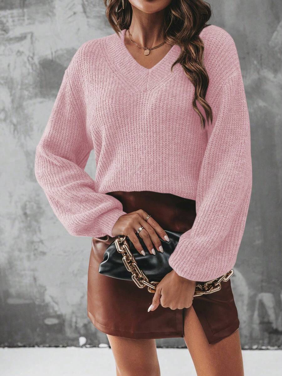 SHEIN Essnce 女款v領下垂肩長袖毛衣 - 粉色 - 查看 1