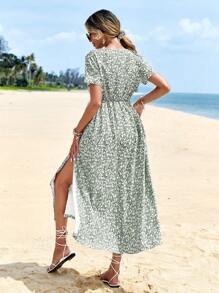 RueChic Ditsy Floral Print Surplice Neck Dress - Green - View 5