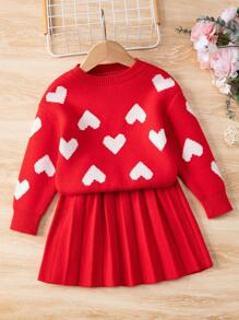 SHEIN Young Girl Heart Pattern Sweater And Knit Skirt Set With Round Neckline - Red - View 1