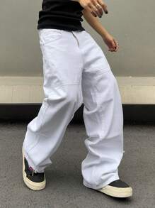 Manfinity EMRG Men's Casual Jeans With Pockets Oversize Long Washed Light Jean Cargo Plain All White Party Street Wear Rapper White Baggy Pantsmen Wide Leg Pants Going Out Hang Out Commute Work - White - View 3