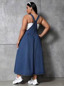 CovetEZ 大尺碼牛仔連身裙,斜口袋設計 - 藍色 - 查看 2