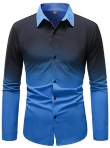 Manfinity Mode Áo sơ mi nam dài tay màu chuyển sắc, áo sơ mi không tay rộng thùng thình cài nút nhiều màu sắc thường ngày, quà tặng bạn trai, mùa thu - Xanh đậm - Xem 3