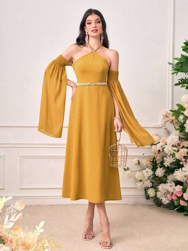 Women'S Off Shoulder Slit Long Sleeves Dress