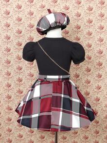 SHEIN Young Girl Puff Sleeve Top And Checked Skirt Set With Hat - Rose Red - View 2