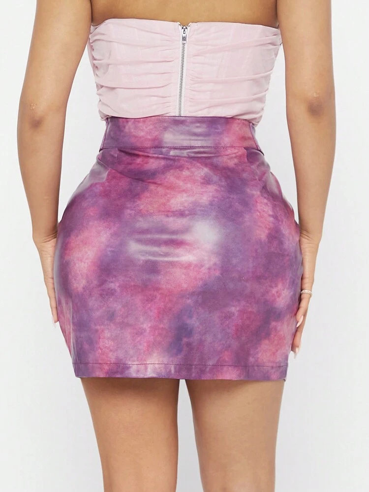 Tie Dye Half Zipper Pu Skirt