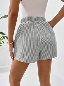 SHEIN Essnce Women's Vertical Striped Elastic Waist Shorts - Grey - View 2