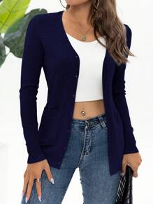 AAmilife Màu thuần Dệt kim Nút Thiết kế Chi tiết túi Tay áo dài Quý cô Áo len Mở - Màu xanh hải quân - Xem 4