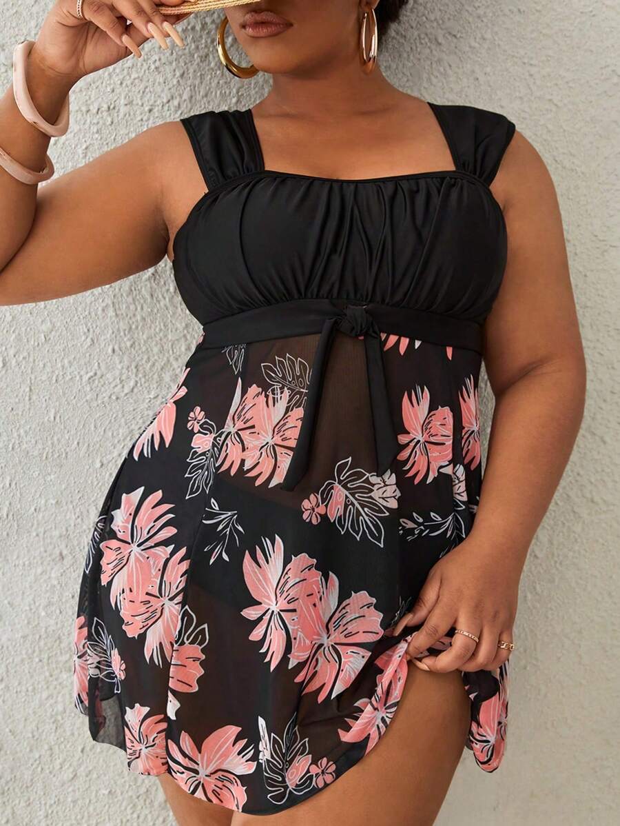 Swim Lushoire Plus Size In hoa Ruched Bust Đầm đi biển mùa hè - Nhiều màu - Xem 1