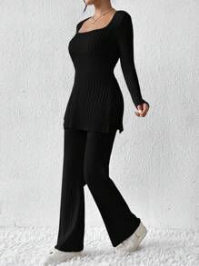 SHEIN Frenchy Women's Square Neck Long Sleeve T-Shirt And Flared Trousers Two Piece Set Winter Black Casual Spring - Black - View 4