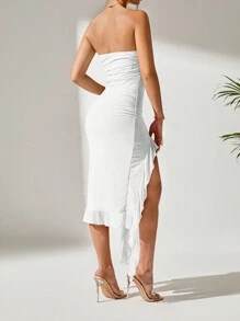 SHEIN PETITE 女式露肩荷葉邊下擺前開衩連身裙