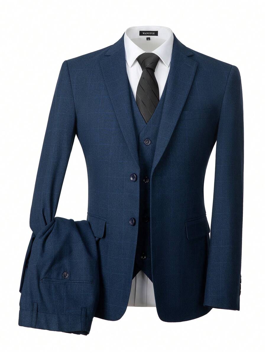 Furuyal Men's Plaid Suit Three Pieces Set With Suit Vest And Pants - Dusty Blue - View 1