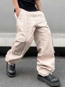 Manfinity Roghcode Men's Solid Color Cargo Jeans Oversize Long Washed Jean Plain Khaki Party Street Wear Rapper, Khaki Cargo Pants, Baggy Cargo Pants, Cargo Pants, Men Cargo Pants, Men Khaki Pants - Khaki - View 3