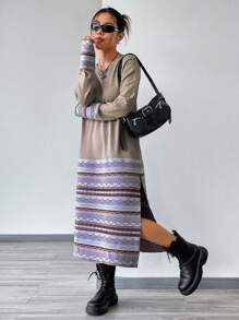 SHEIN Unity 幾何圖案分割式下擺休閒針織連衣裙 - 藕粉色 - 查看 5