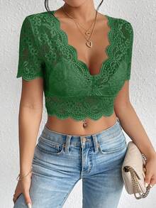 SHEIN Frenchy V領蕾絲上衣 - 綠色 - 查看 5