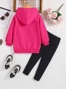 Young Girl Heart Pattern Hooded Casual Sweatshirt And Pants Two-Piece Outfit Set - Hot Pink - View 2