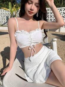 DAZY 束口前綁帶設計的荷葉邊比基尼套裝 - 白色 - 查看 6