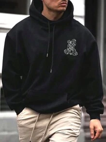 Manfinity EMRG 男士連帽印花衛衣,卡通字母圖案設計,可調節束線 - 黑色 - 查看 2