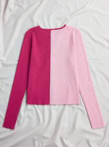 Chiquease 拼色長袖針織外套 - 玫紅色 - 查看 2