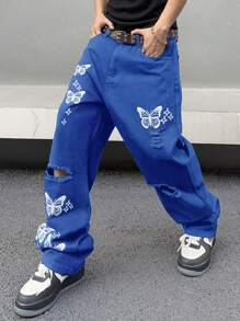 Loose Fit Men's Jeans With Butterfly Print And Distressed Detail - Royal Blue - View 1